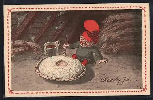 Künstler-AK Zwerg isst Brei auf einem Dachboden, Glaedelig Jul
