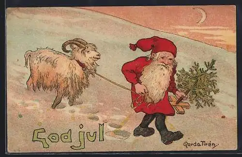 Künstler-AK Zwerg zieht einen Ziegenbock durch den Schnee, God Jul