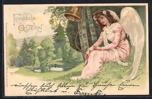 AK Osterengel mit Glocken in einem Birkenwäldchen