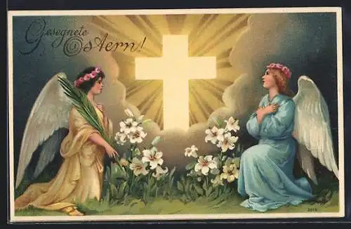 Präge-AK Osterengel knien vor leuchtendem Kreuz