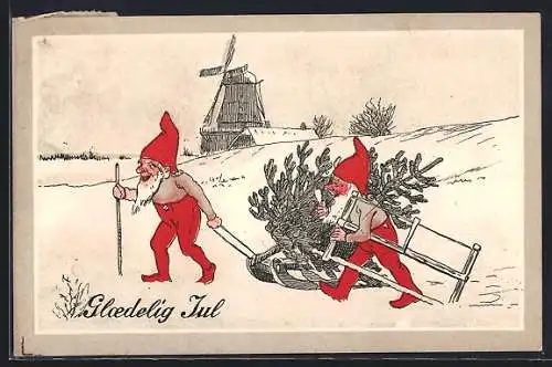 AK Zwerge ziehen einen Schlitten mit Tannenbaum durch den Schnee, Glaedelig Jul