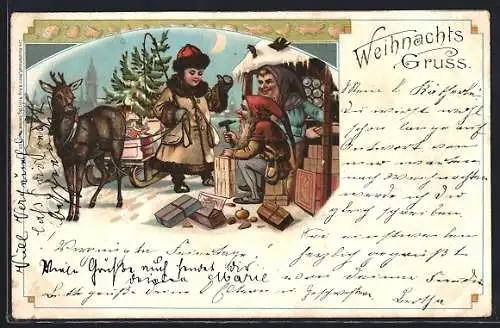 AK Zwerge bauen Weihnachtsgeschenke, Weihnachtsgruss