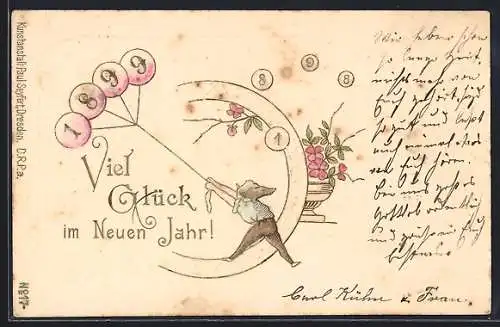Präge-AK Zwerg hält Luftballons mit der Jahreszahl 1899, Neujahrsgruss