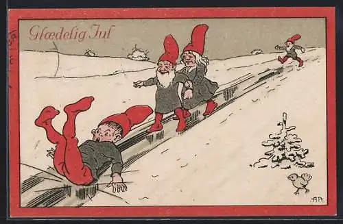 AK Zwerge rutschen einen Hügel herunter, Glaedelig Jul