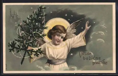 Präge-AK Fröhliche Weihnachten, Weihnachtsengel mit Christbaum