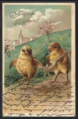 AK Zwei Osterküken auf einer Frühlingswiese