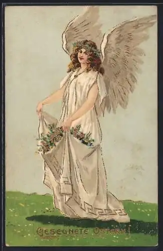 AK Osterengel trägt Blumen in seinem Kleid, Ostergruss