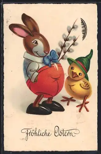 AK Osterküken und Osterhase mit Weidenzweig