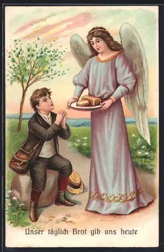 AK Engel überreicht einem Wanderer Brot