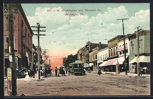 AK Waukegan, Ill., Washington and Genesee Streets, Strassenbahn