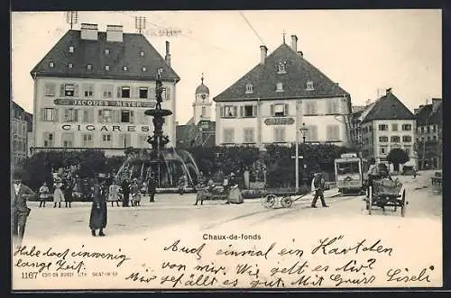AK Chaux-de-Fonds, Brunnen, Cigares, Banque, Strassenbahn