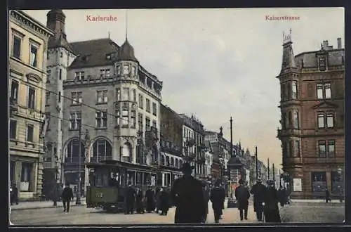 AK Karlsruhe, Strassenbahn in der Kaiserstrasse