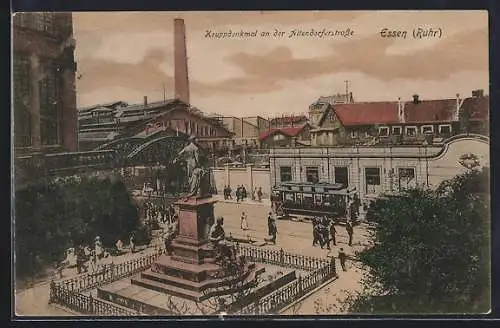 AK Essen /Ruhr, Kruppdenkmal an der Altendorferstrasse, passierende Strassenbahn