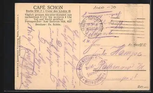 AK Berlin, Café Schön, Innenansicht, Unter den Linden 45