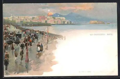 Lithographie Napoli, Via Caracciolo mit Leuten