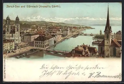 Lithographie Künzli No. 5014: Zürich-See und Glärnisch, Vreneli`s Gärtli, Berg mit Gesicht / Berggesichter