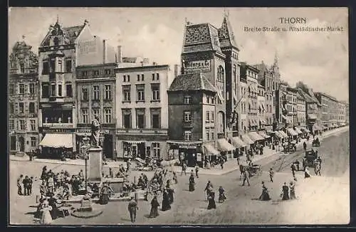 AK Thorn-Torun, Breite Strasse und Altstädtischer Markt, Kaufhaus M.S. Leiser und andere Geschäfte