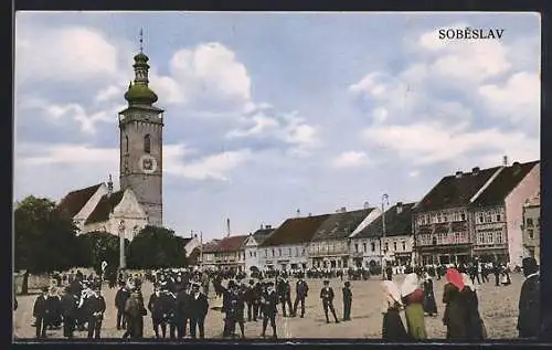 AK Sobeslav, Marktplatz mit Kirche