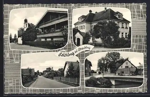 AK Salching bei Straubing, Flusspartie mit Brücke, Strassenpartie am Gasthaus mit Blick au die Kirche