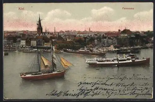 AK Kiel, Hafenpanorama mit Dampf- und Segelschiffen
