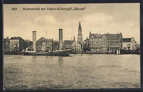 AK Kiel, Hafenansicht mit Flettner-Rotorschiff Buckau