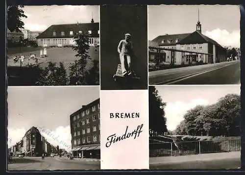 AK Bremen-Findorff, Flusspartie mit Brücke, Schule mit Hof, Kirche mit Glockenturm
