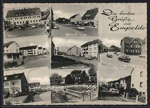 AK Empelde, Das Rathaus, Das Schwimmbad mit Badegästen, Partien in den Strassen der Stadt