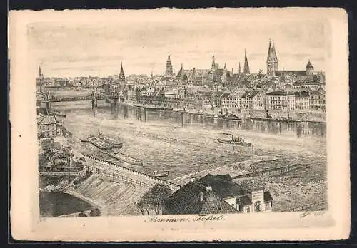 AK Bremen, Flusspartie mit Brücke und Blick in die Innenstadt
