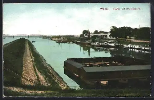 AK Wesel / Rhein, Hafen mit Rheinbrücke