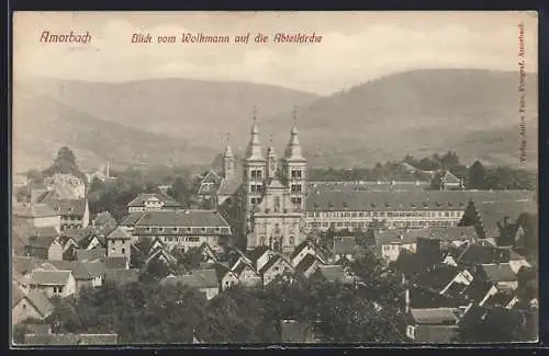 AK Amorbach /Odenwald, Blick vom Wolkmann auf Abteikirche