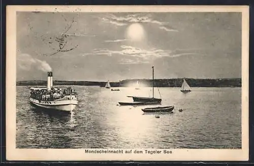 AK Berlin-Tegel, Mondscheinnacht auf dem Tegeler See mit Motorschiff