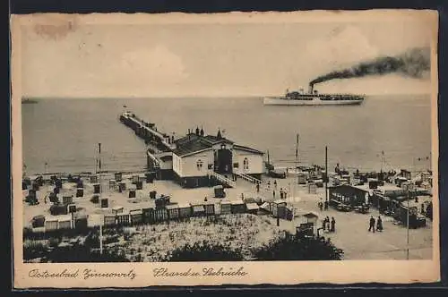 AK Zinnowitz, Blick auf den Strand und die Seebrücke