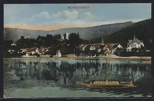 AK Neckarsteinach, Ortsansicht mit See