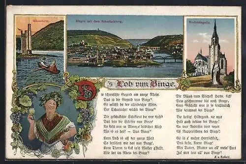 AK Bingen / Rhein, Mäuseturm, Bachuskapelle, Bingerin mit Weinglas, Geistlicher im Ruderboot, Gedicht