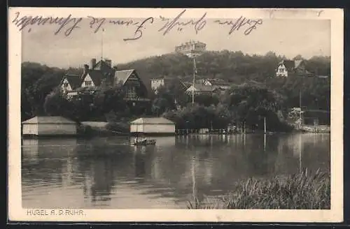 AK Hügel a. d. Ruhr, Flusspartie mit Ruderboot