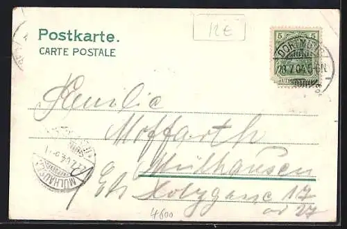 Lithographie Dortmund, Rathaus, Kriegerdenkmal, Kronenburg-Schwanenteich, um 1900