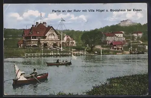 AK Essen, Partie an der Ruhr mit Villa Hügel u. Bootshaus