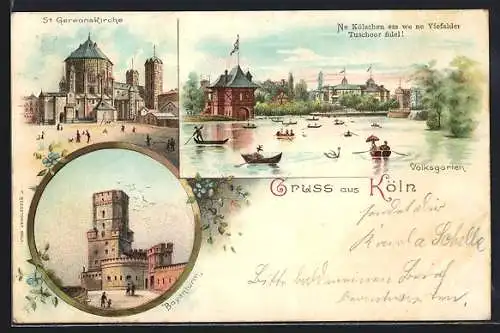Lithographie Köln-Neustadt, St. Gereonskirche, Bayenturm, Volksgarten