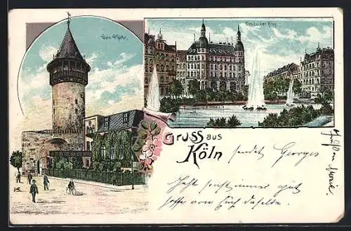 Lithographie Köln-Neustadt, Ansicht der Ulre-Pforte, Deutscher Ring mit Strassenbahn