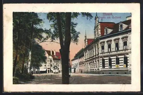 AK Moers, Strasse am Postamt, Strassenbahn