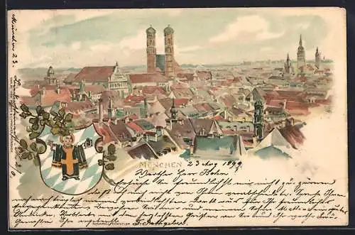 Lithographie München, Totalansicht, Stadtwappen