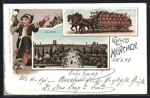 Lithographie München, Totale, Münchner Kindl und Brauereigespann