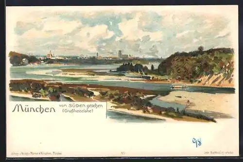 Lithographie Grosshesselohe, Teilansicht von Süden gesehen
