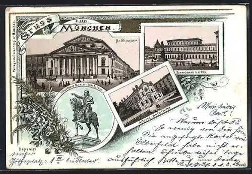 Lithographie München, Allerhl. Hofkirche, Hoftheater, Königsbau d. K. Res.