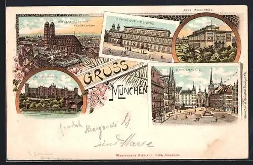 Lithographie München, Maximilianeum, Marienplatz, Neue Pinakothek, Königliche Residenz