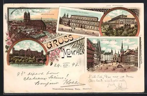 Lithographie München, Maximilianeum, Marienplatz, Neue Pinakothek, Königliche Residenz