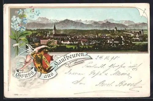 Lithographie Kaufbeuren, Gesamtansicht, Engel mit Wappenschild