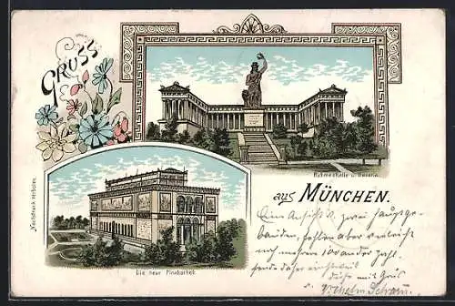 Lithographie München, Die neue Pinakothek, Ruhmeshalle und Bavaria
