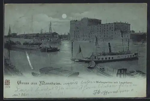 Mondschein-AK Mannheim, Hafenpartie mit Lagerhaus