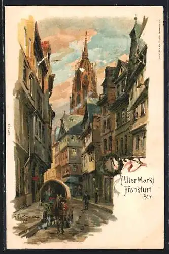 Lithographie Frankfurt, Blick in eine alte Strasse, Pferdekutsche
